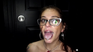 Gloryhole Secrets: Brunette Teen's Tight Bald Pussy Filled